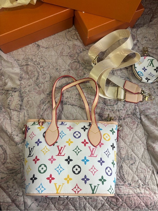 Louis Vuitton Handbags - Louis Vuitton White Multicolor Monogram Tote with Pink-Trim Handles
